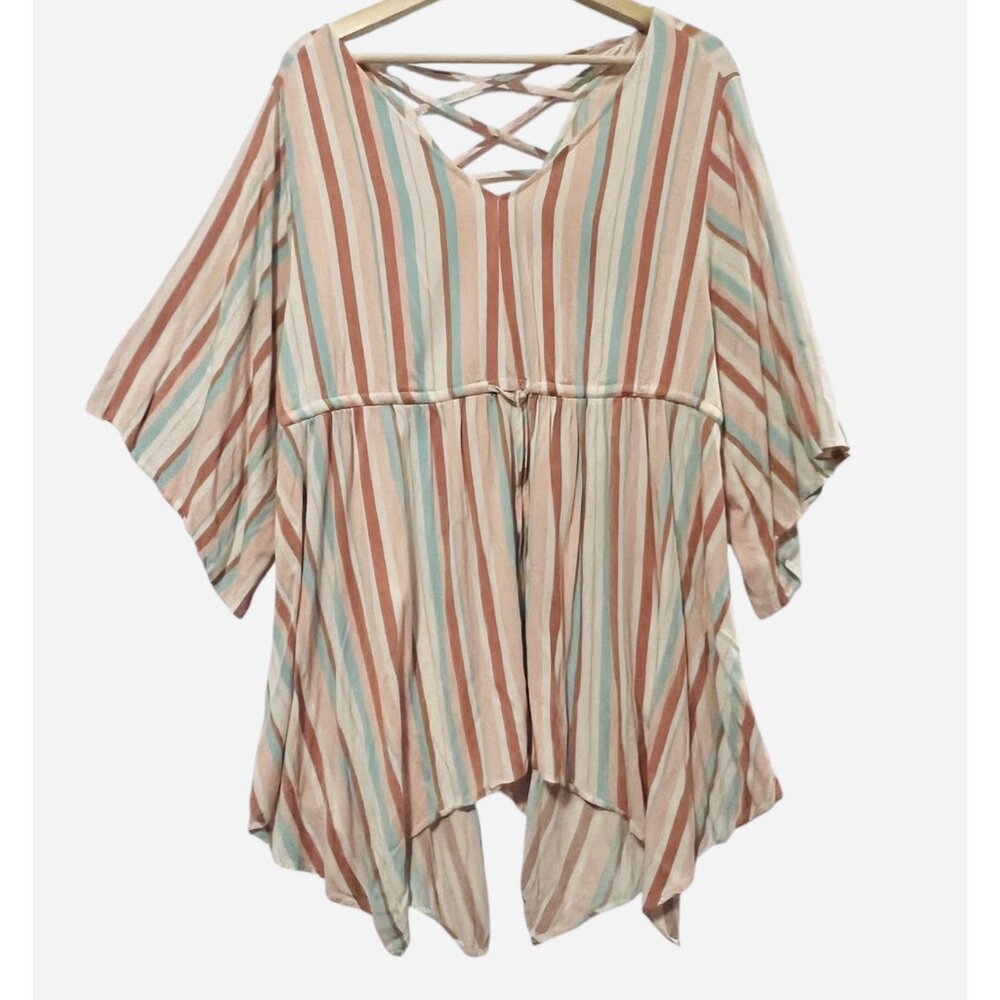Torrid 2 BABYDOLL Top Challis Stripe Pink Plus Size 2X V Neck Sharkbite Hem - Picture 5 of 12
